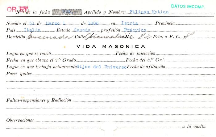 Ficha de miembro de Matías Filipas.