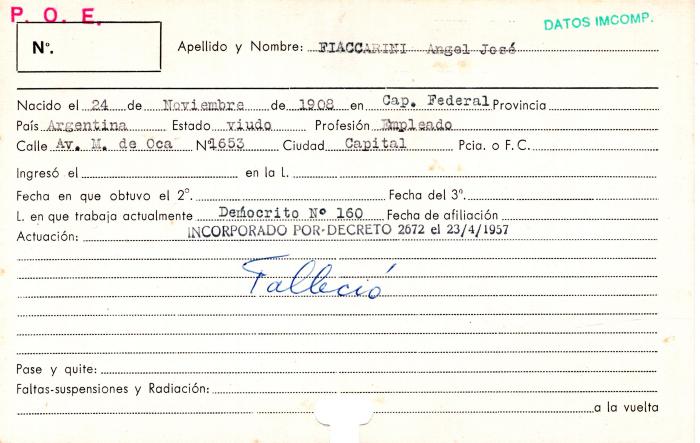 Ficha de miembro de Ángel José Fiaccarini.