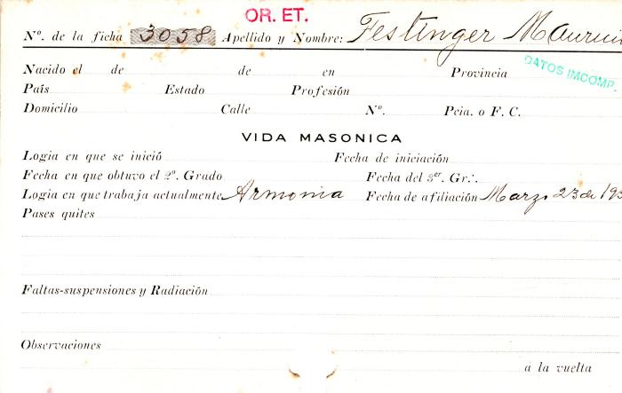 Ficha de miembro de Mauricio Festinger.