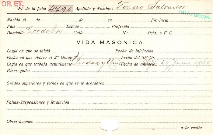 Ficha de miembro de Salvador Ferrero.