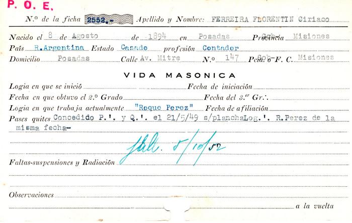 Ficha de miembro de Ciriaco Ferreira Florentin.