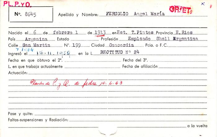 Ficha de miembro de Angel Maria Feruglio.