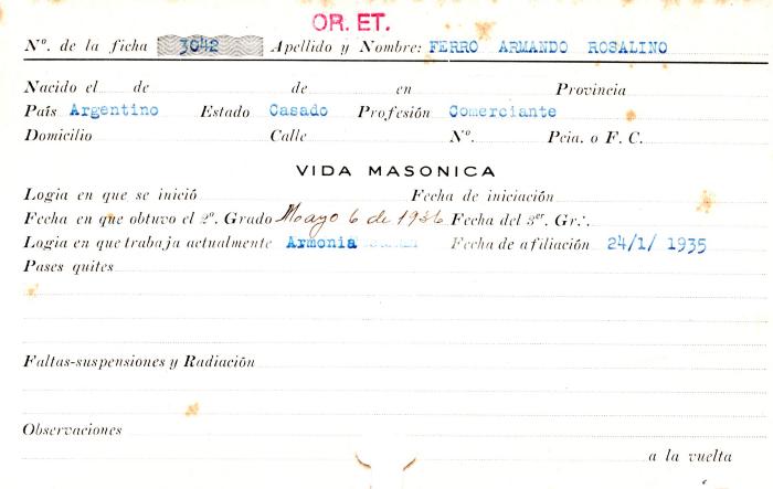 Ficha de miembro de Armando Rosalino Ferro.