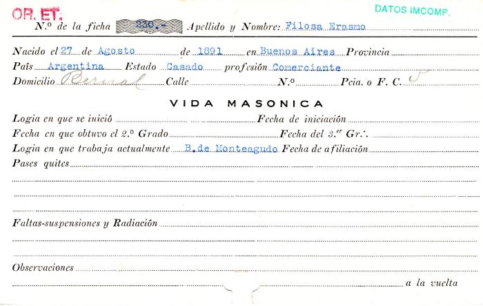 Ficha de miembro de Erasmo Filosa.