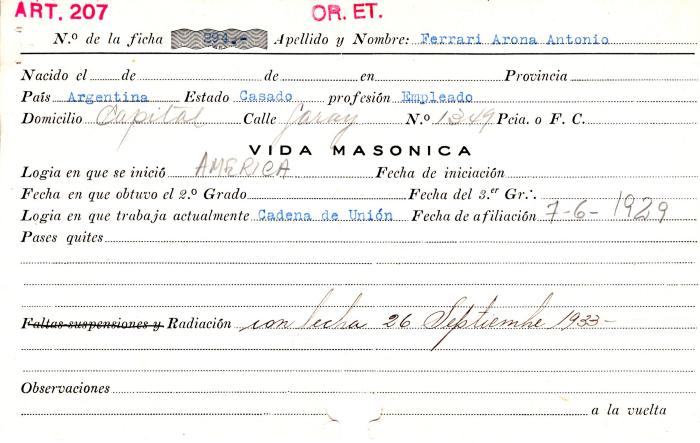 Ficha de miembro de Antonio Ferrari Arona.