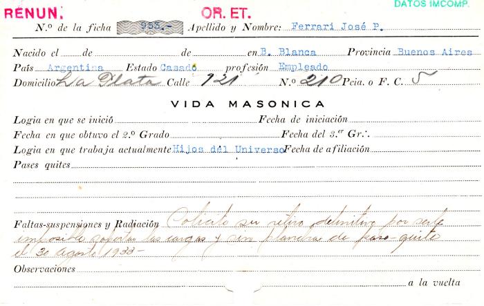 Ficha de miembro de José P. Ferrari.