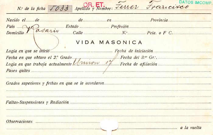 Ficha de miembro de Francisco Ferrer.