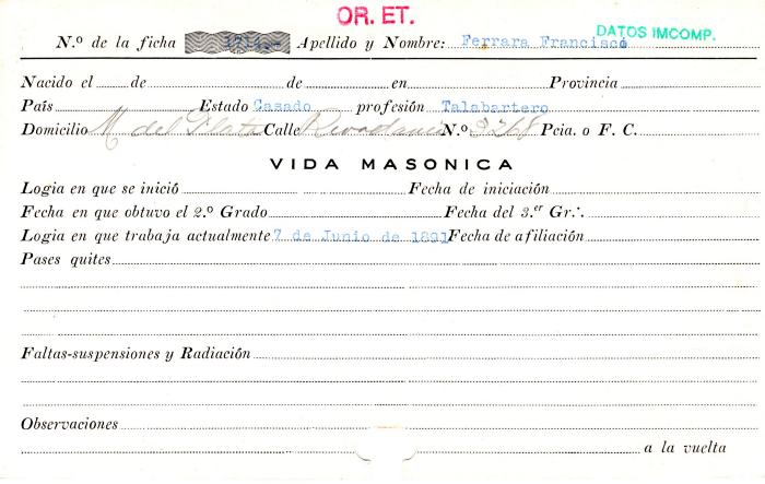 Ficha de miembro de Francisco Ferrara.