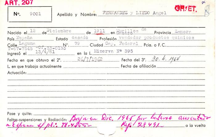 Ficha de miembro de Angel. Fernandez y Liedo.