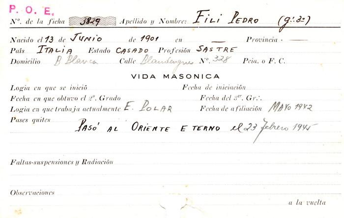 Ficha de miembro de Pedro Fili.