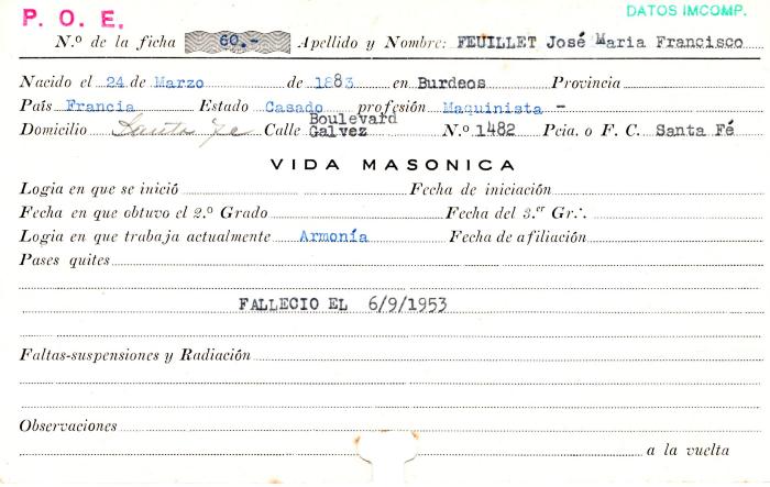 Ficha de miembro de José María Francisco Feuillet.