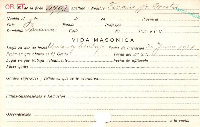 Ficha de miembro de Orestes B. Ferraris.