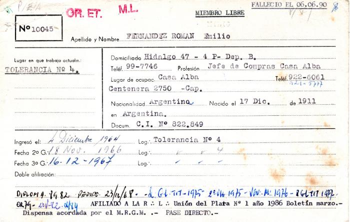 Ficha de miembro de Emilio Fernandez Roman.