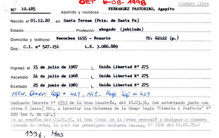 Ficha de miembro de Agapito Fernandez Pastorino.
