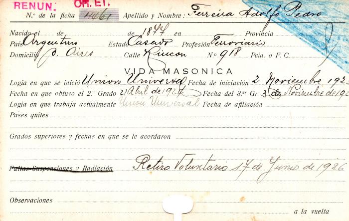 Ficha de miembro de Adolfo Pedro Ferreira.