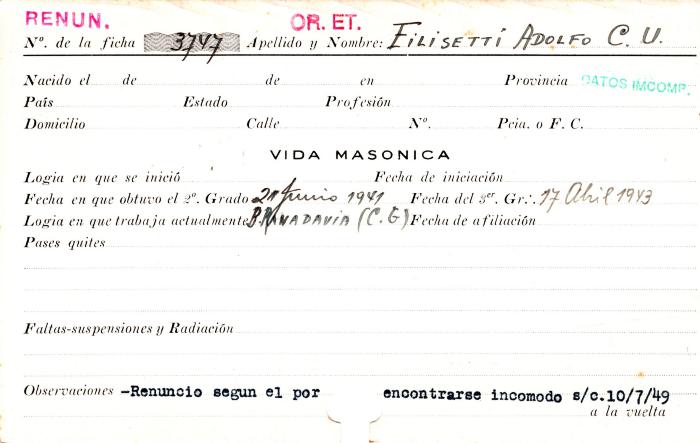 Ficha de miembro de Adolfo C. U. Filisetti.