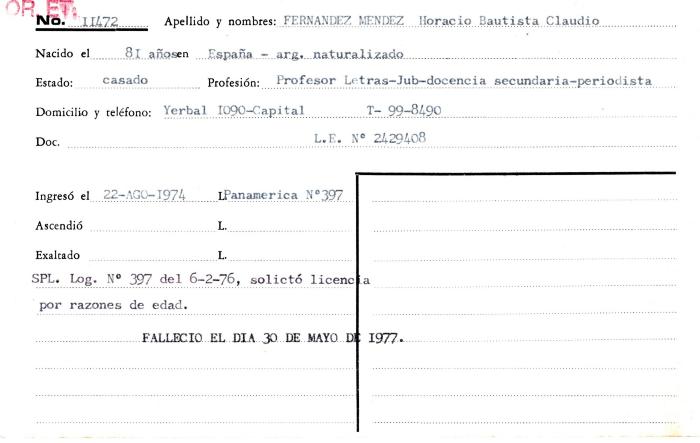 Ficha de miembro de Horacio Bautista Claudio Fernandez Mendez.