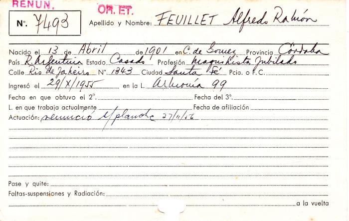 Ficha de miembro de Alfredo Ramón Feuillet.