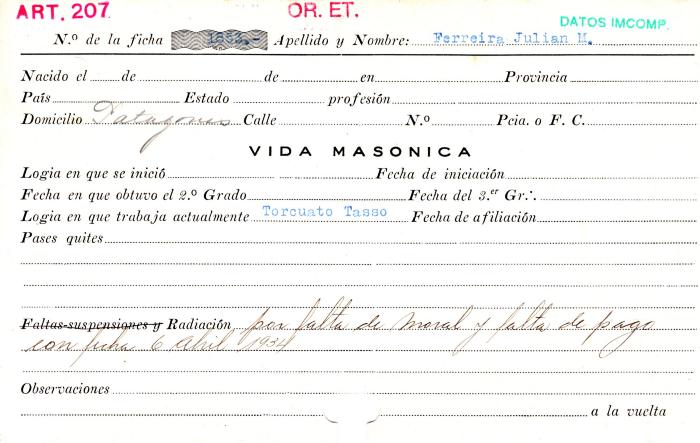 Ficha de miembro de Julian M. Ferreira.