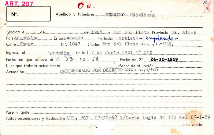Ficha de miembro de Hidelberg José Ferrino.