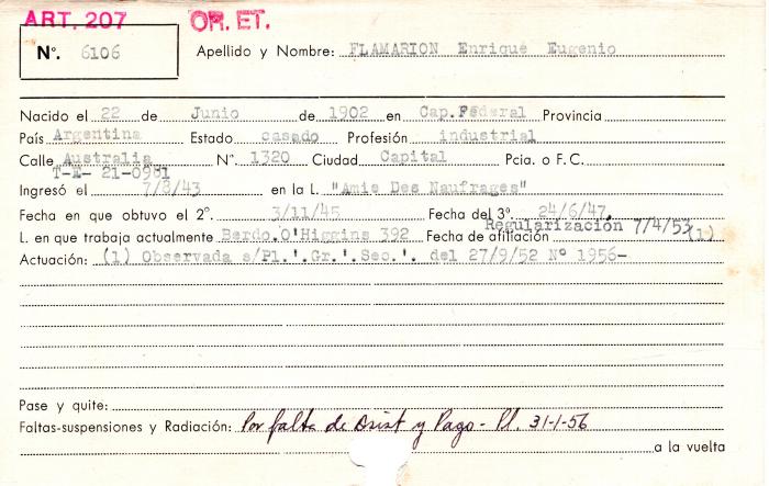 Ficha de miembro de Enrique Eugenio Flamarion.