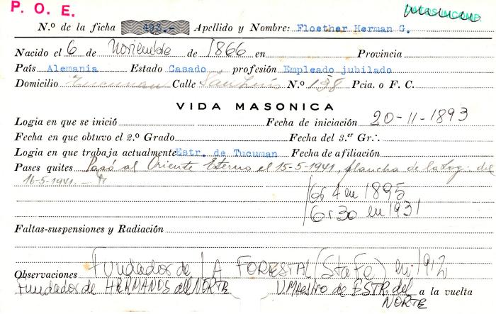 Ficha de miembro de Herman G. Floether.