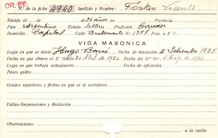 Ficha de miembro de Vicente Fontan.