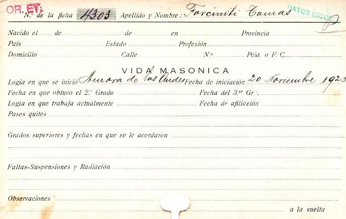Ficha de miembro de Tomás Forciniti.