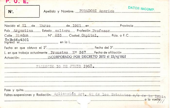Ficha de miembro de Américo Foradori.