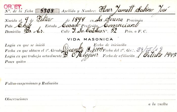 Ficha de miembro de Sabino José Flores Jamett.