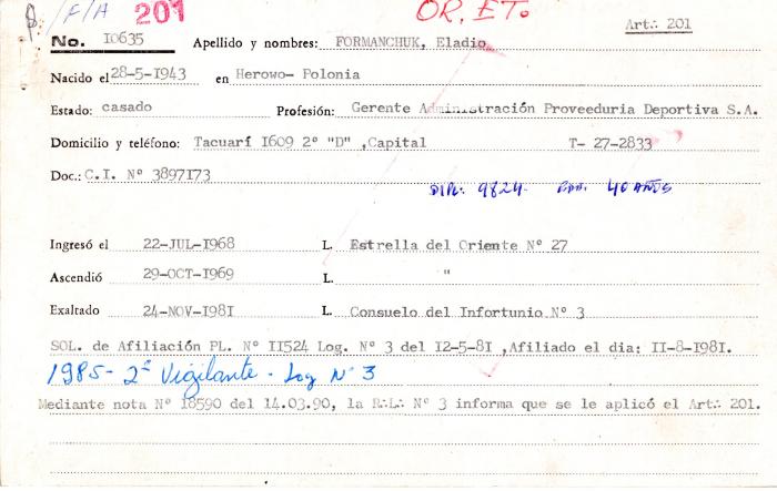 Ficha de miembro de Eladio Formanchuk.