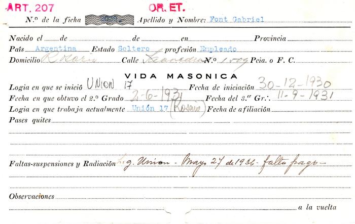Ficha de miembro de Gabriel Font.