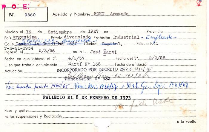 Ficha de miembro de Armando Font.
