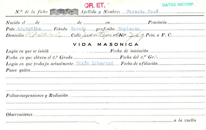 Ficha de miembro de José Foresto.