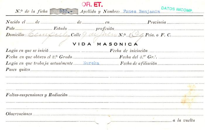 Ficha de miembro de Benjamín Fones.