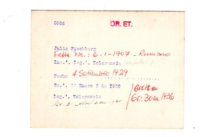 Ficha de miembro de Julio Fischbarg.