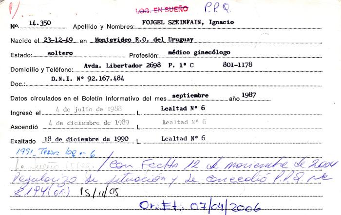 Ficha de miembro de Ignacio Fojgel Szeinfain.