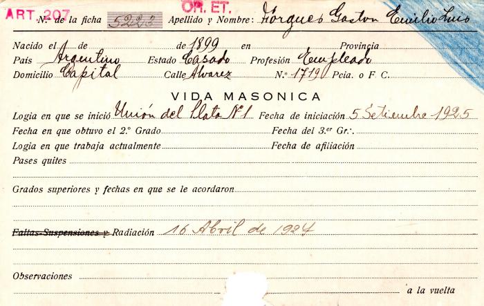 Ficha de miembro de Gastón Emilio Luis Forgues.