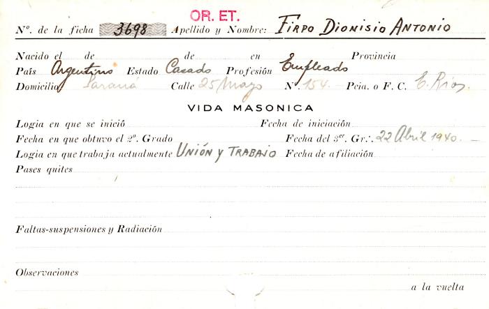 Ficha de miembro de Dionisio Antonio Firpo.