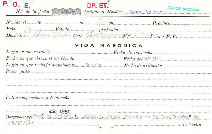 Ficha de miembro de Arthur Fones.