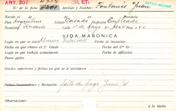 Ficha de miembro de Juan Fontanés.