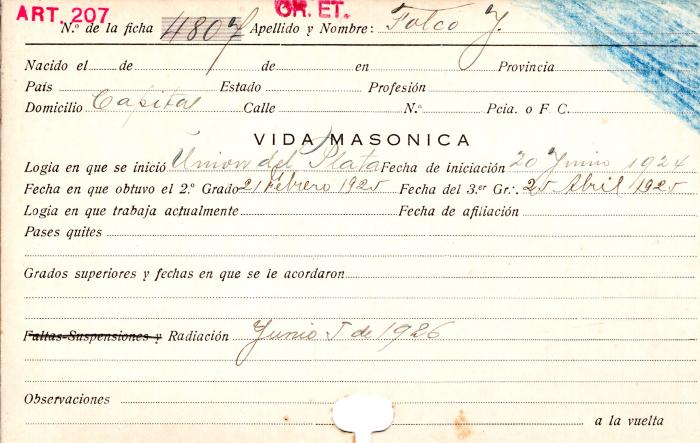 Ficha de miembro de J. Folco.