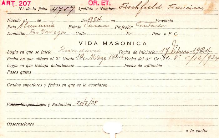 Ficha de miembro de Francisco Fischfield.
