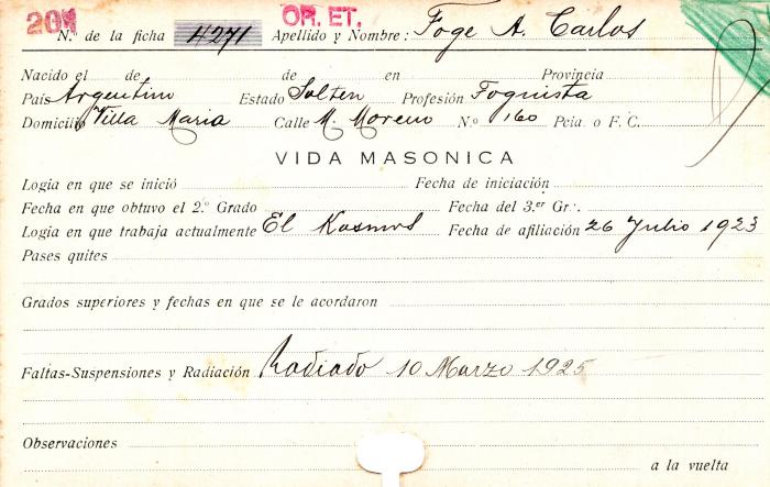 Ficha de miembro de Carlos A. Foge.