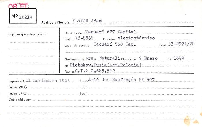Ficha de miembro de Adam Flatau.