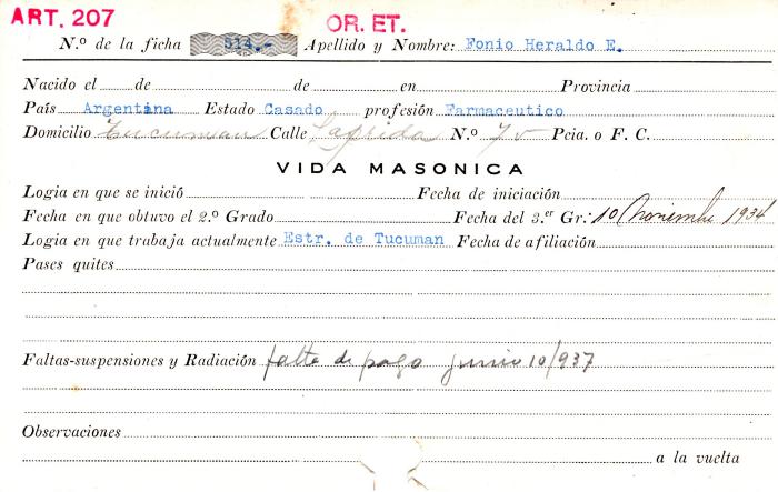 Ficha de miembro de Heraldo E. Fonio.