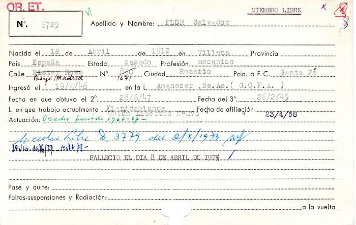 Ficha de miembro de Salvador Flor.