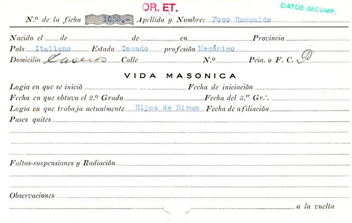 Ficha de miembro de Romualdo Foco.